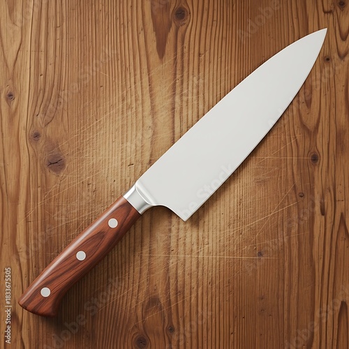 Sharp chef knife with wooden handle on rustic wooden table background