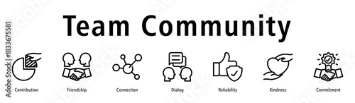 Team community icon vector concept featuring collaboration, support, communication, kindness, reliability, and group harmony.
