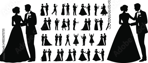 Elegant wedding couple silhouette, bride and groom romantic poses, marriage ceremony vector, dancing, bouquet, love, romance, classic design elements