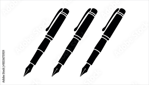 Three black fountain pens with silver bands arranged diagonally on a white background writing instrument