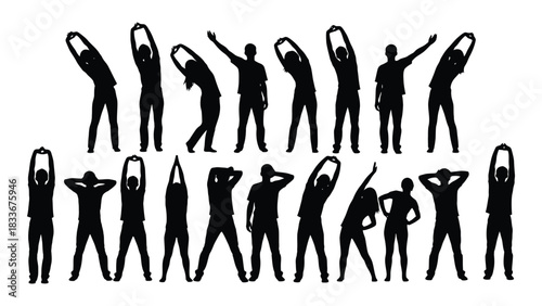 People stretching exercise silhouettes isolated on white background, Vector