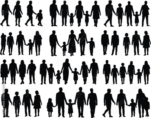 Family silhouettes walking together, parents with children, happy family moments, togetherness illustration, black vector figures, generations bonding, relationship unity pose