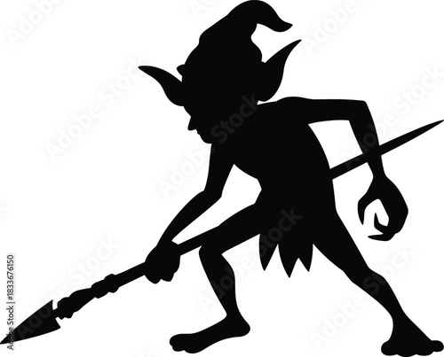 Fantasy goblin warrior silhouette, tribal spear fighter, mythical creature art, dark folklore monster, scary goblin design, vector graphic illustration