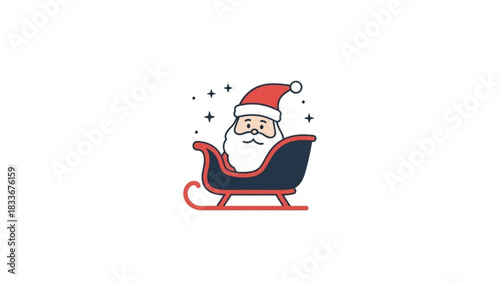 A charming cartoon illustration of santa claus with a white beard and red hat happily riding in a dark blue and red sleigh with twinkling stars in the background on a clean white background