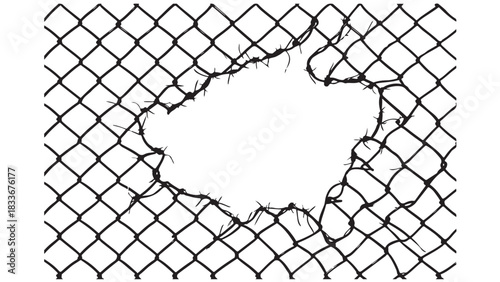 Damaged Chain Link Fence Vector – Broken Steel Wire Mesh with Hole