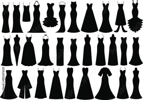 Fashion dress silhouettes, black gown vector, evening wear clipart, elegant female clothing shapes, formal dress icons, isolated design elements