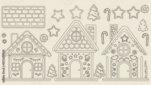 A collection of outline drawings of gingerbread houses christmas trees candy canes stars and other festive elements on a neutral background for holiday crafting and design