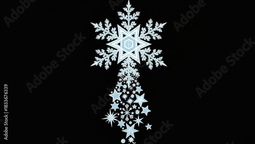 A large intricate snowflake at the top cascades down into a collection of smaller snowflakes and stars forming a festive winter tree shape against a stark black background