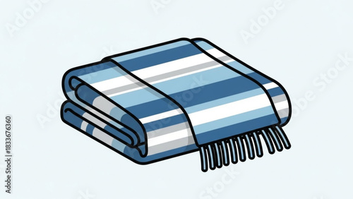 A neatly folded blue and white striped blanket with fringe detail presented on a light blue background in a clean simple illustration style