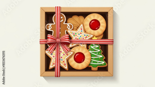 Festive christmas cookie assortment in a wooden box with a red and white striped ribbon and bow featuring gingerbread men stars jam cookies and christmas trees