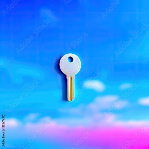 A single key floats against a backdrop of a blue sky with clouds, creating a dreamy and bright atmosphere.