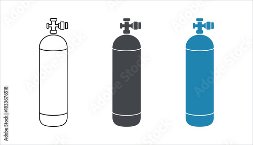 Three gas cylinders in outline dark gray and blue colors on white background oxygen tank scuba tank