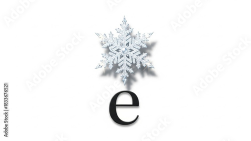 A delicate sparkling snowflake casting a shadow above a bold black lowercase letter e on a clean white background symbolizing winter and education