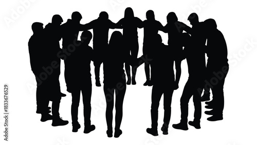 People in a circle holding hands silhouette isolated on white background, Vector
