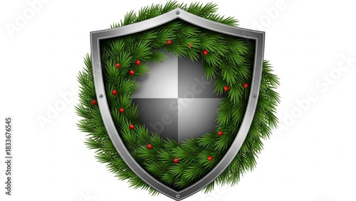 A silver shield adorned with a festive christmas wreath of green pine needles and bright red berries symbolizing protection and holiday cheer