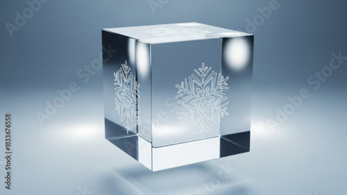A clear glass cube with etched snowflakes on its surfaces set against a soft blue gradient background with subtle lighting and reflections