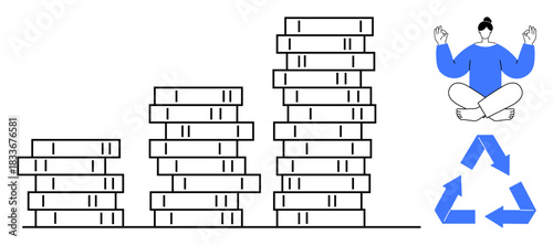 Business growth, personal balance, financial success, sustainability, mindfulness, eco-awareness. Stacks of coins, person meditating recycling icon. Business growth and personal balance concept