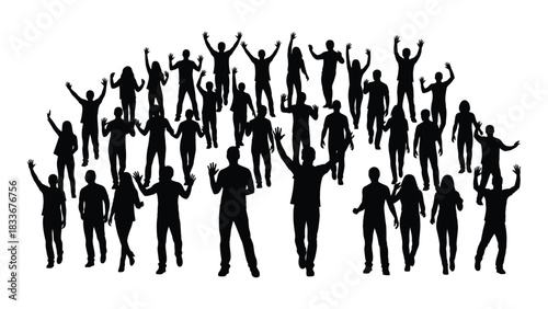 Diverse crowd of people silhouettes waving and cheering isolated on white background, Vector