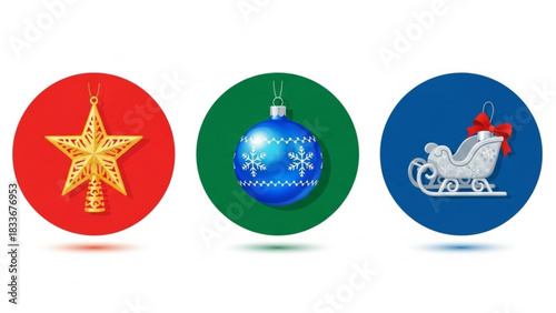 A festive collection of christmas ornaments including a golden star topper a blue snowflake bauble and a silver sleigh with a red bow set against colorful circular backgrounds