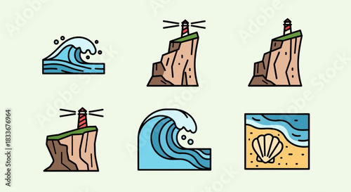 Coastal Icon Set - Waves, Lighthouses, and Beach Scene.