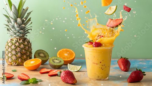 fresh fruit juice, Tropical smoothie splash shot, vibrant fruits frozen mid-air, bright summer commercial lighting