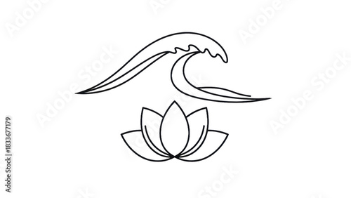 Wave and Lotus Flower Line Art Illustration