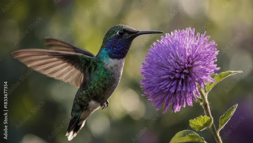 Naklejka premium Hummingbird hovering near a vibrant purple flower, natures beauty.