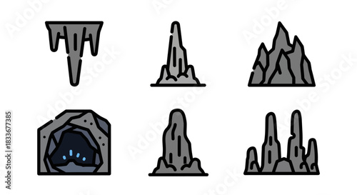 Cartoon Cave Formations - Stalactites, Stalagmites, and Cave Entrance Illustrations.