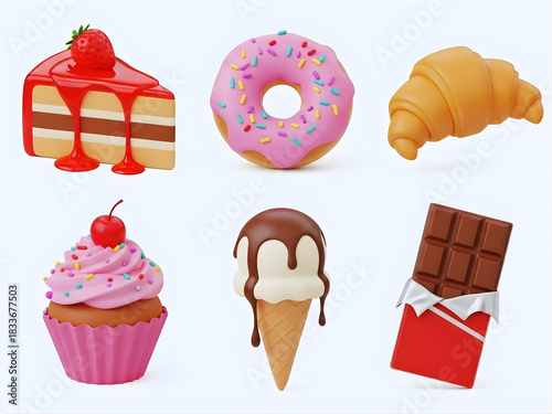 Sweet food 3d realistic render vector icon set. Cake, donut, croissant, cupcake, ice cream, chocolate