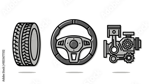Car Parts - Tire, Steering Wheel, and Engine Illustration.