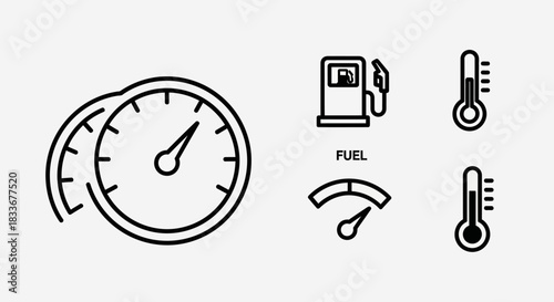 Car Dashboard Icons - Speedometer, Fuel Gauge, Temperature, and Indicator.