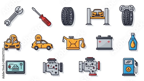 Car Repair and Maintenance Icons Set - Wrench, Screwdriver, Tire, Lift, and More.
