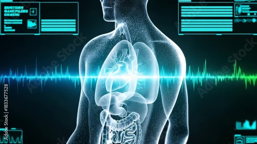 Futuristic medical illustration of the human anatomy with vital signs displayed