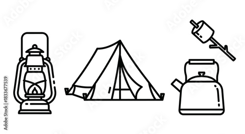 Camping Essentials - Lantern, Tent, Kettle, and Marshmallow Line Art.