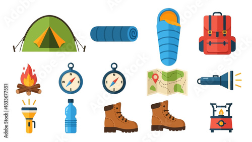 Camping Essentials - Tent, Backpack, Compass, Boots, and More for Outdoor Adventures.