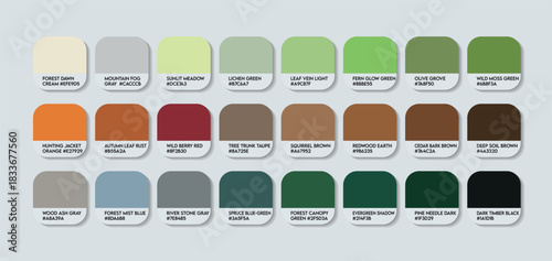 Forester Color Palette. HEX Codes and color Names. Forest green and brown colors on the ground. Plant colors in different layers in jungle. Examples theme colors showing that there is life on Earth