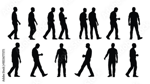 Walking men silhouettes collection isolated on white background, Vector