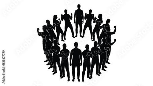 Circle of diverse people silhouettes isolated on white background, Vector
