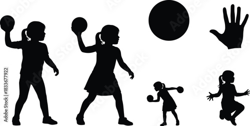 Children playing with ball silhouette illustration, physical activity and coordination poses, movement and play concept vector, black and white graphic