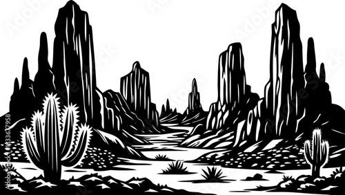 Desert Canyon Cacti Silhouette Landscape Vector Scene