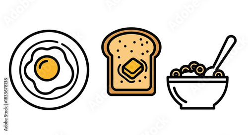 Breakfast Icons - Sunny-Side Up Egg, Buttered Toast, and Cereal Bowl.