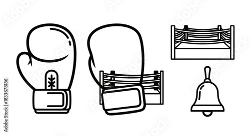 Boxing Equipment Line Art - Gloves, Ring, and Bell Illustration.