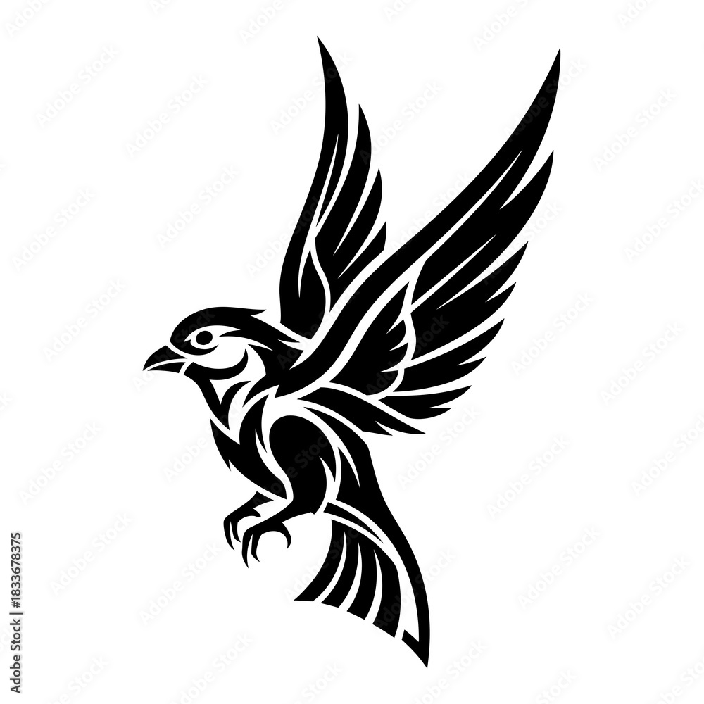 Fototapeta premium Tribal style bird tattoo design with elaborate wings spread in flight, elegant silhouette