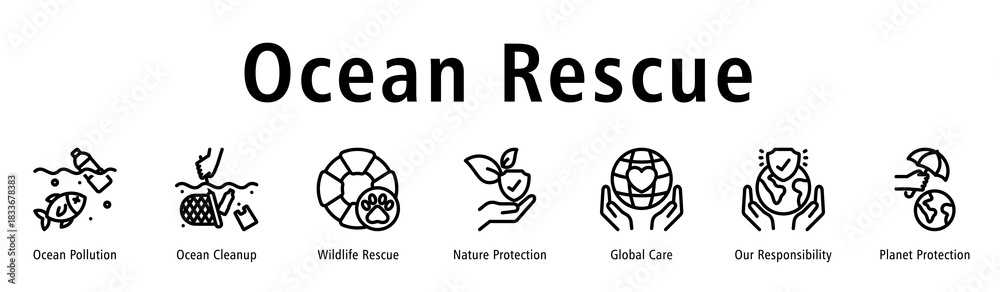 Obraz premium Ocean Rescue web banner icon vector illustration with icons of Ocean Pollution, Ocean Cleanup, Wildlife Rescue, Nature Protection, Global Care, Our Responsibility, and Planet Protection.