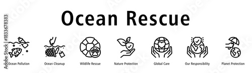Ocean Rescue web banner icon vector illustration with icons of Ocean Pollution, Ocean Cleanup, Wildlife Rescue, Nature Protection, Global Care, Our Responsibility, and Planet Protection.