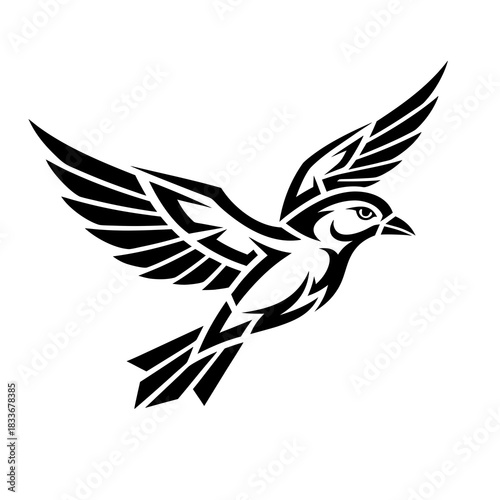 Stylized black and white bird in flight with wings spread, representing freedom and nature