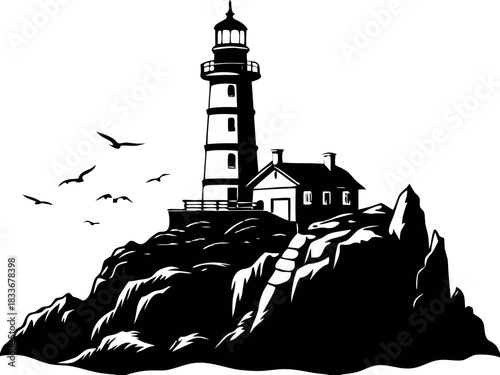 Coastal Lighthouse on Rocky Island Silhouette Vector