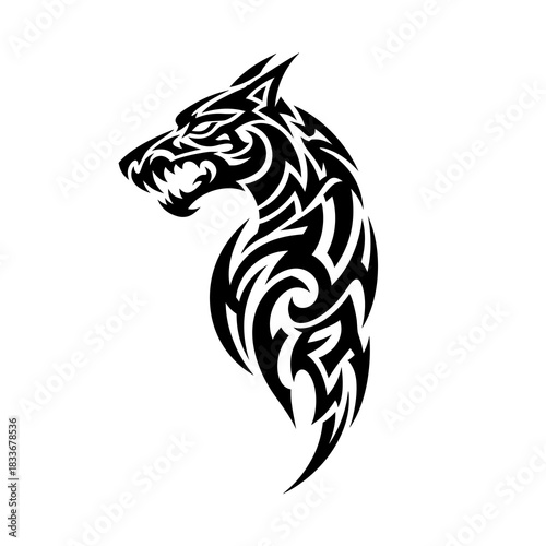 Tribal wolf tattoo design in black and white featuring a snarling wolf head with intricate swirling patterns