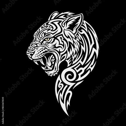 Fierce Tribal Tiger Tattoo Design Silhouette with Aggressive Roaring Face, Black and White