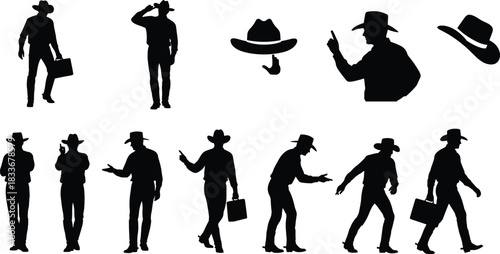 Cowboy silhouette and accessory illustration set, western attire and gesture poses, hat and boot vector, black and white graphic